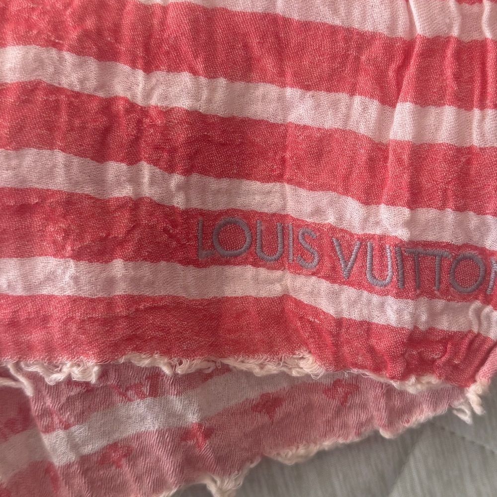 Auth Ltd Edition Louis Vuitton Red White Striped LV Monogram Scarf Shawl Wrap - Picture 6 of 7